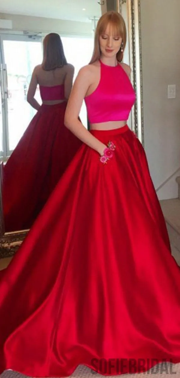 2 Pieces Long A-line Satin Simple Design Prom Dresses PD0948