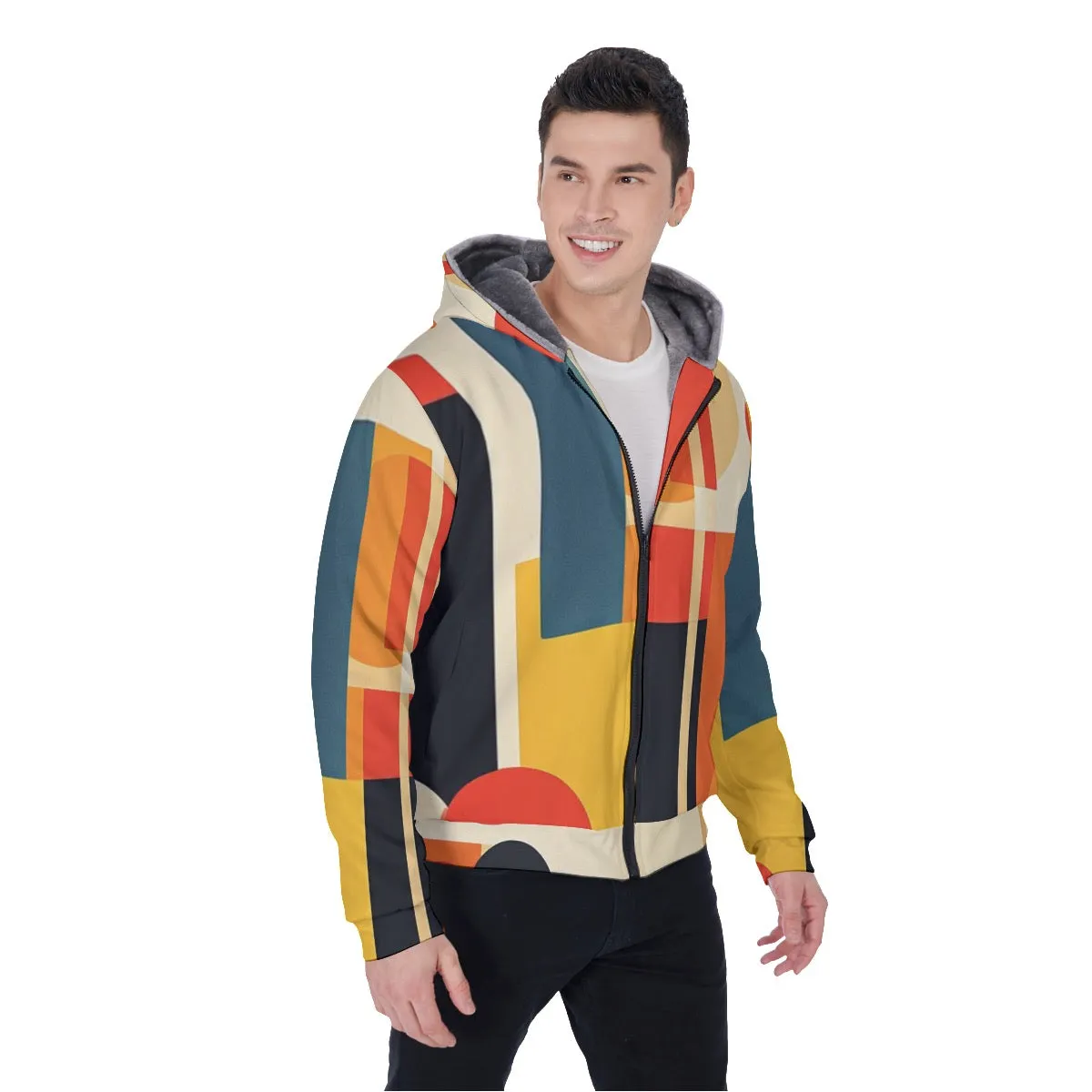 All-Over Print Men's Sherpa Fleece Zip Up Hoodie, Block and circle abstract, print and multi colors, #25P