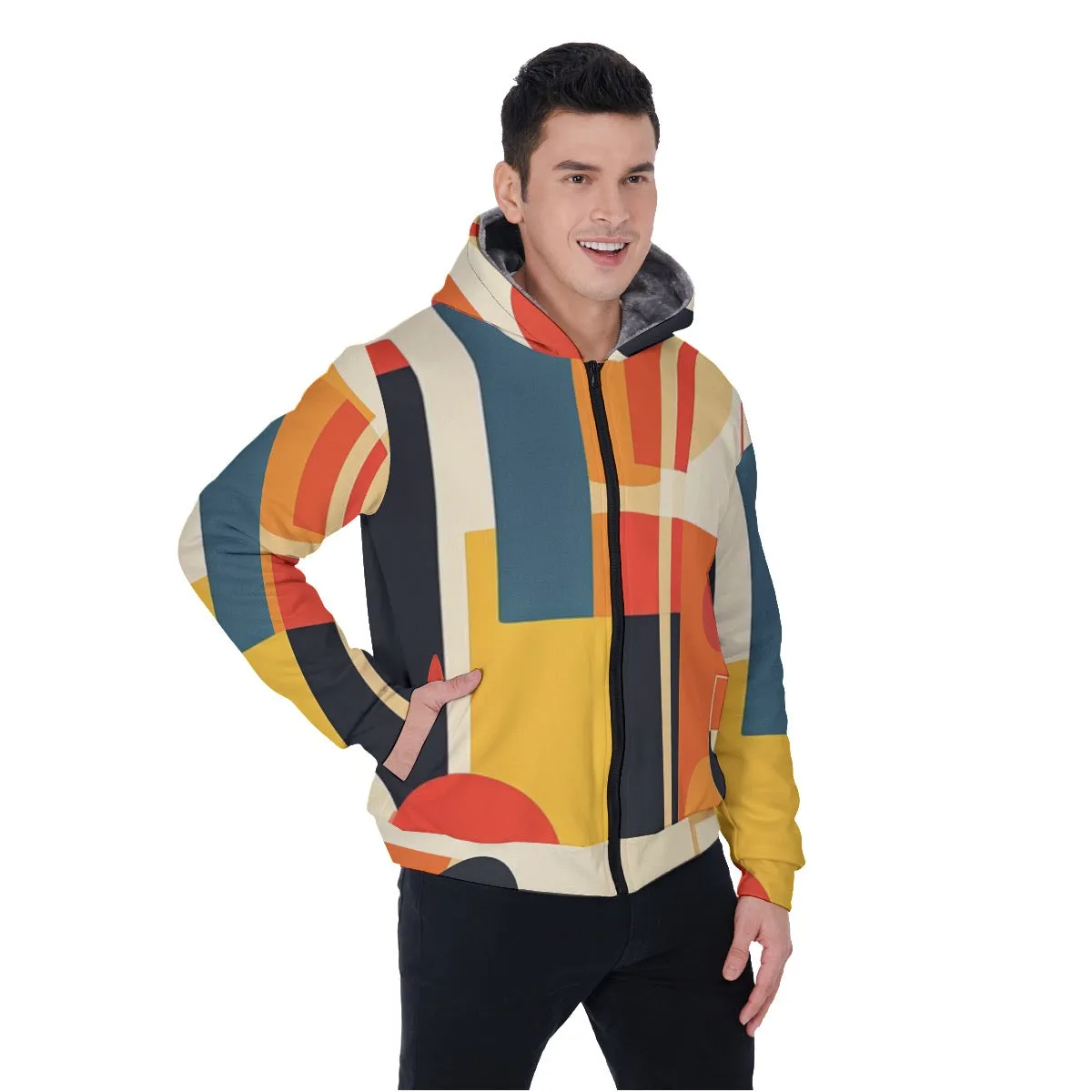 All-Over Print Men's Sherpa Fleece Zip Up Hoodie, Block and circle abstract, print and multi colors, #25P