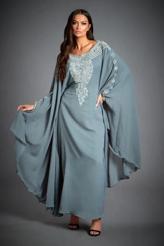 Amira Embellished Grey Kaftan Maxi Dress