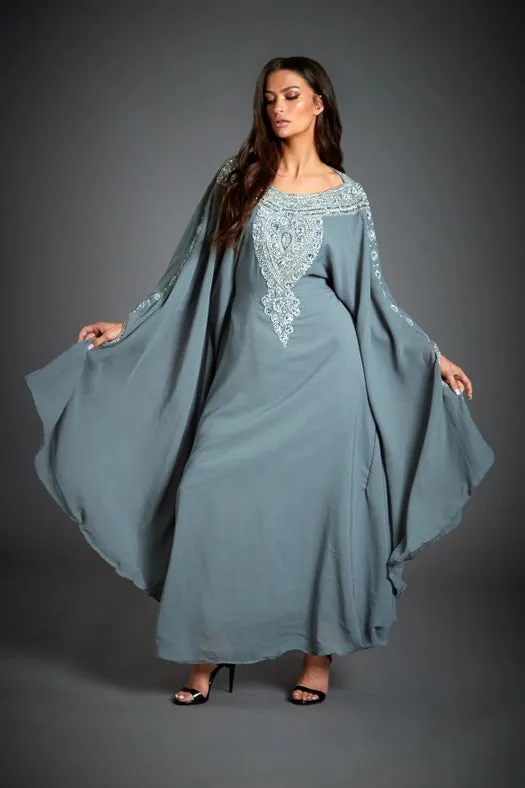 Amira Embellished Grey Kaftan Maxi Dress