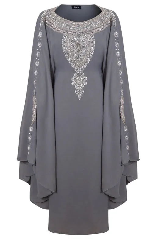 Amira Embellished Grey Kaftan Maxi Dress