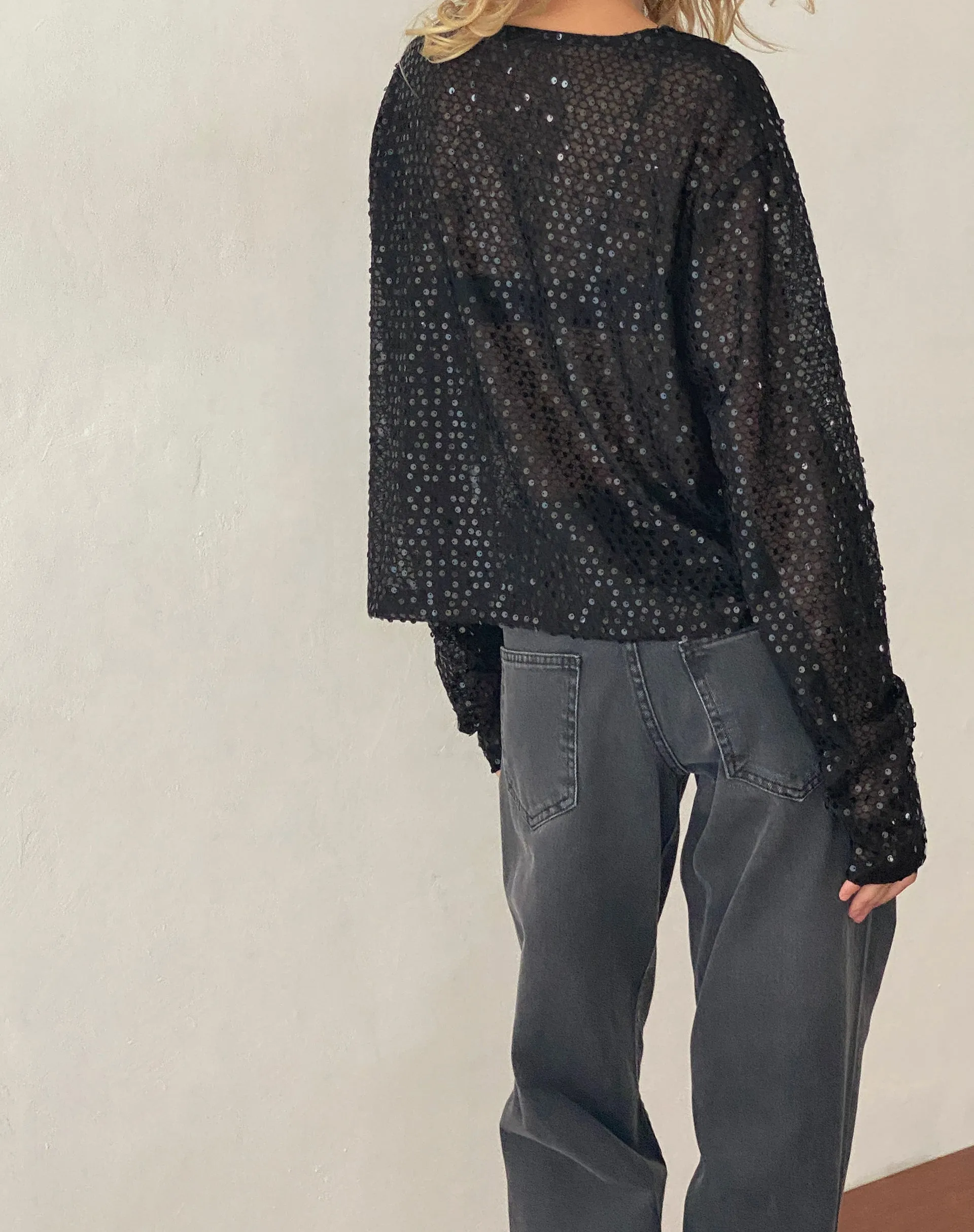 Aridani Unlined Long Sleeve Top in Black Sequin