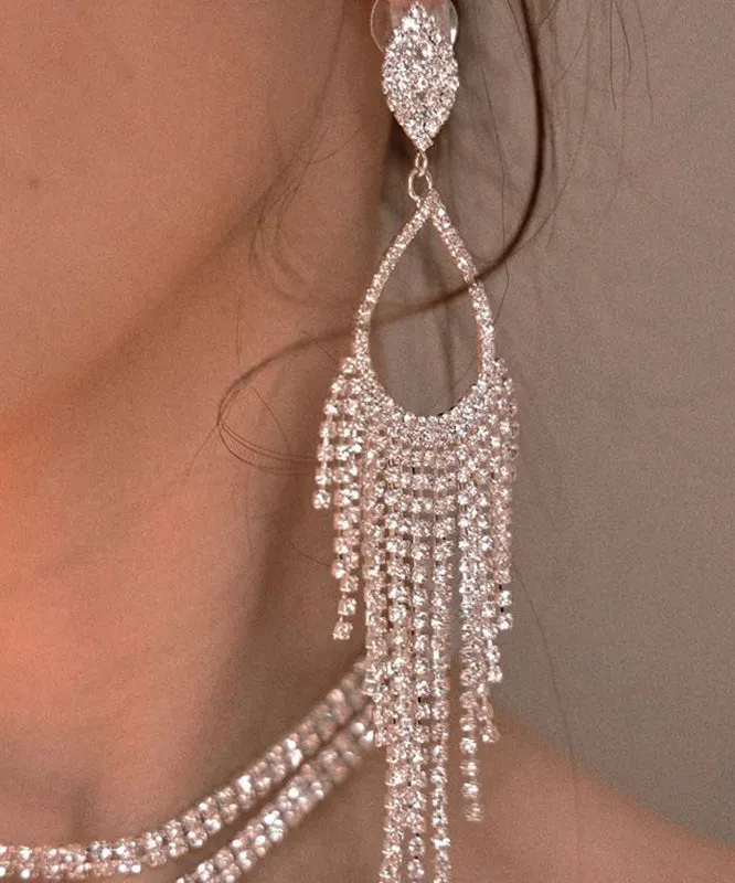 Art Silk Sterling Silver Zircon Water Drop Tassel Drop Earrings II024