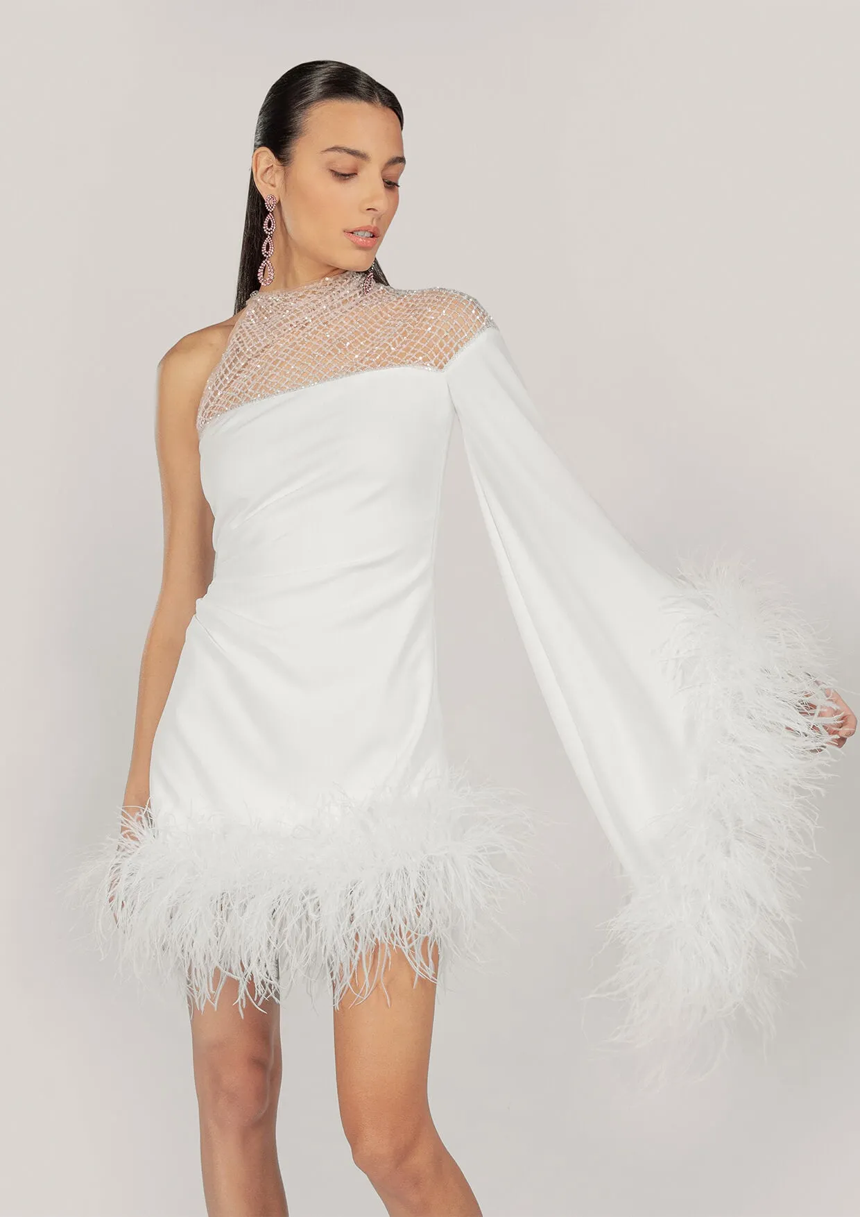 Aurora Feathered Asymmetric Crepe Mini Dress