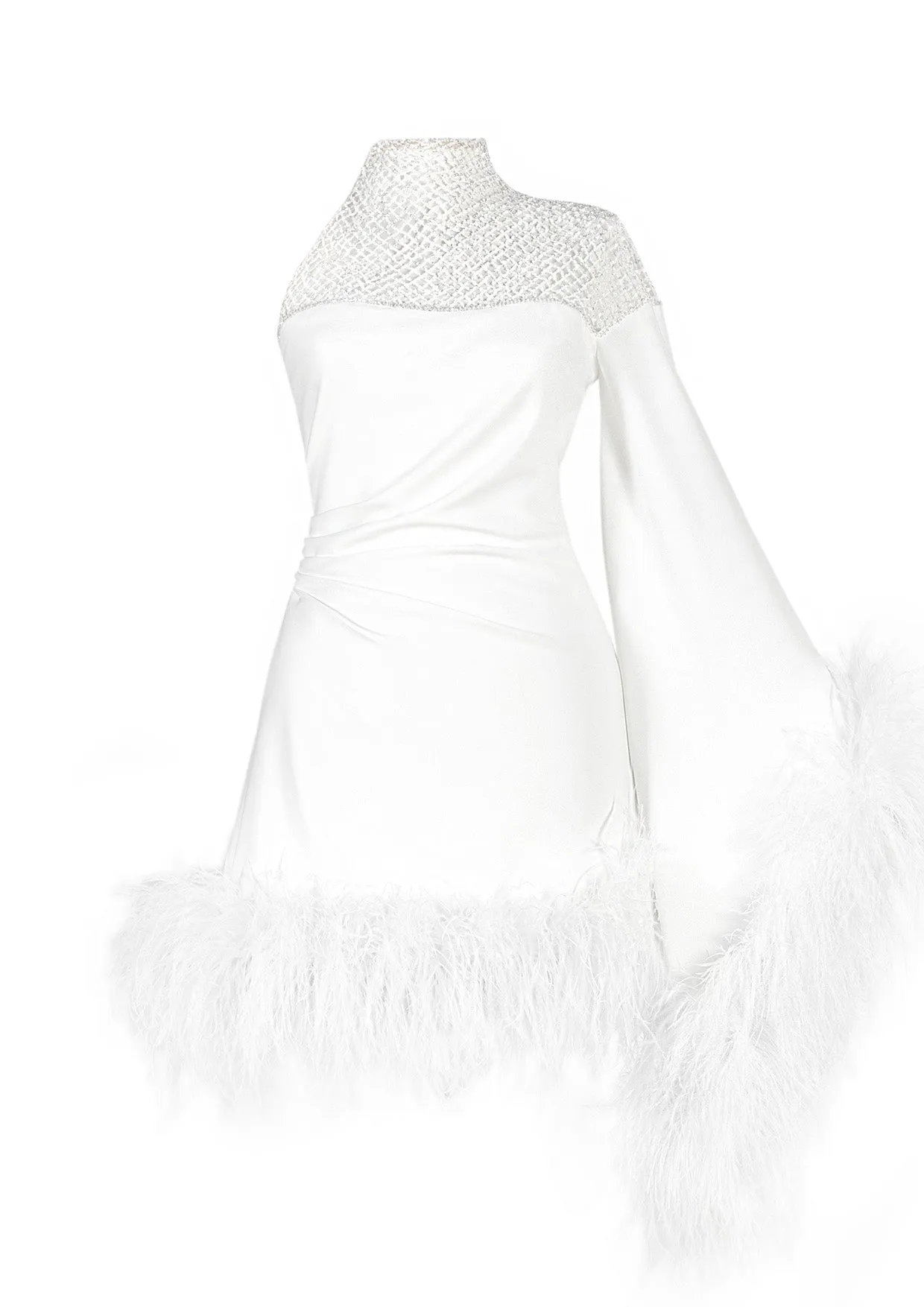 Aurora Feathered Asymmetric Crepe Mini Dress