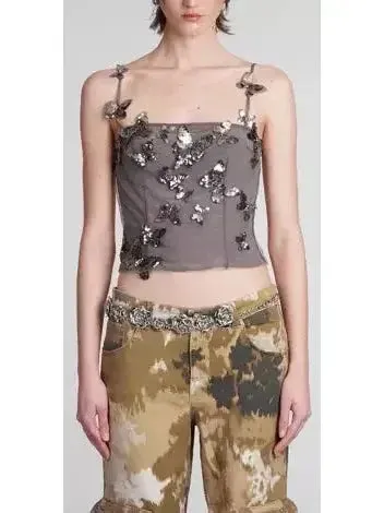 Backless Butterfly-Sequin-Applique Mesh-Overlay Top