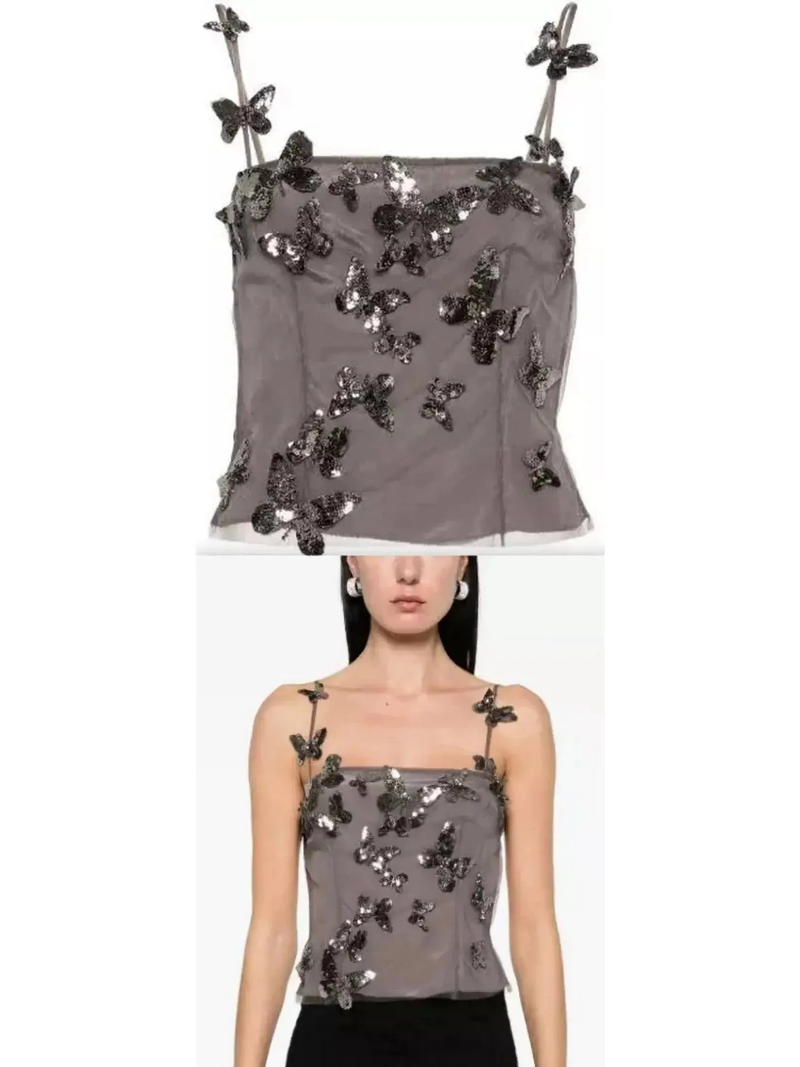 Backless Butterfly-Sequin-Applique Mesh-Overlay Top