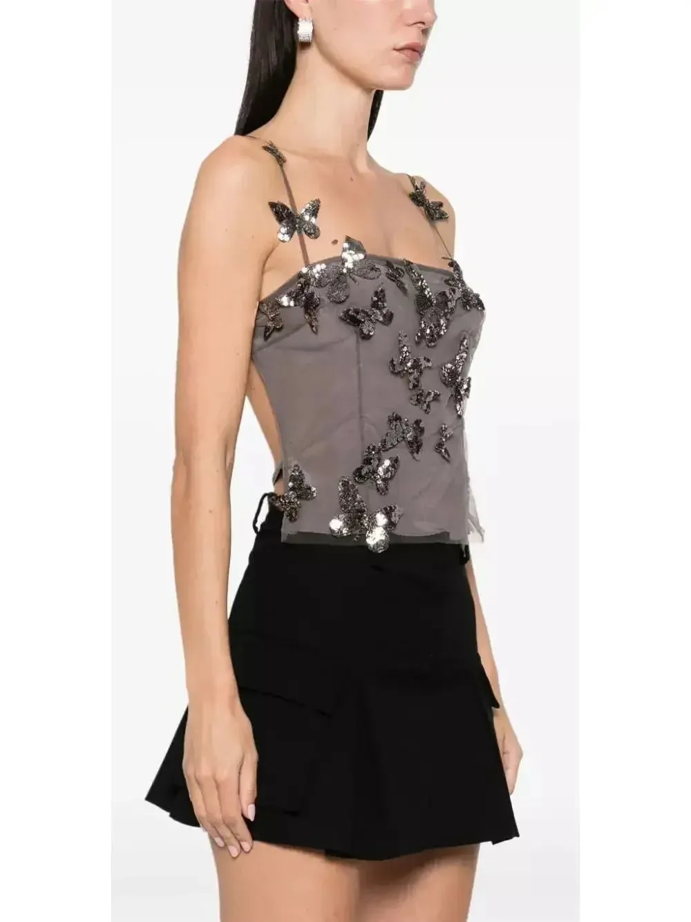 Backless Butterfly-Sequin-Applique Mesh-Overlay Top