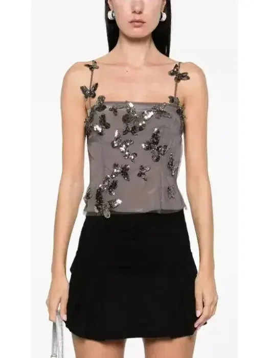 Backless Butterfly-Sequin-Applique Mesh-Overlay Top