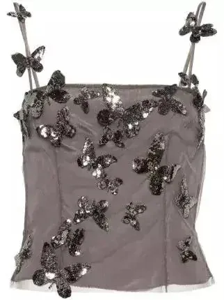 Backless Butterfly-Sequin-Applique Mesh-Overlay Top