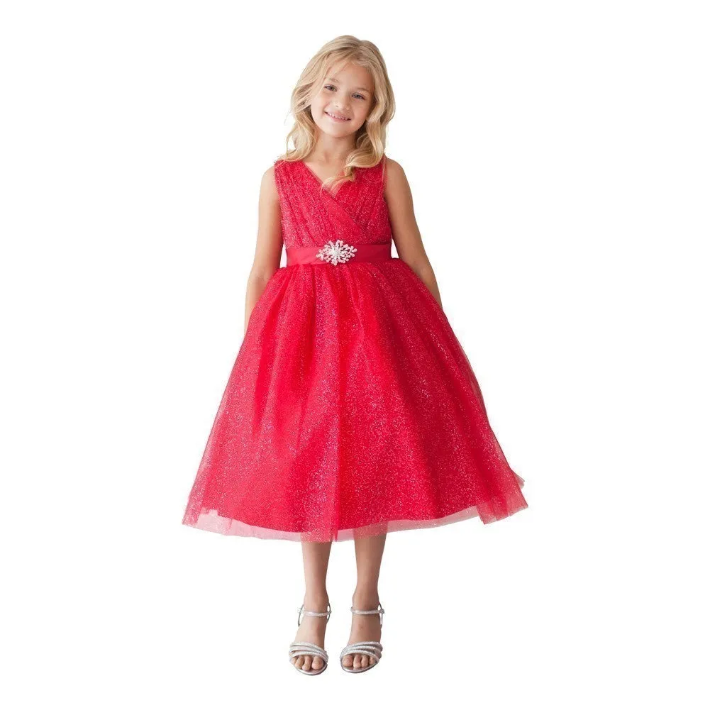 Big Girls Red Glitter Tulle Rhinestone Brooch Junior Bridesmaid Dress 8-12