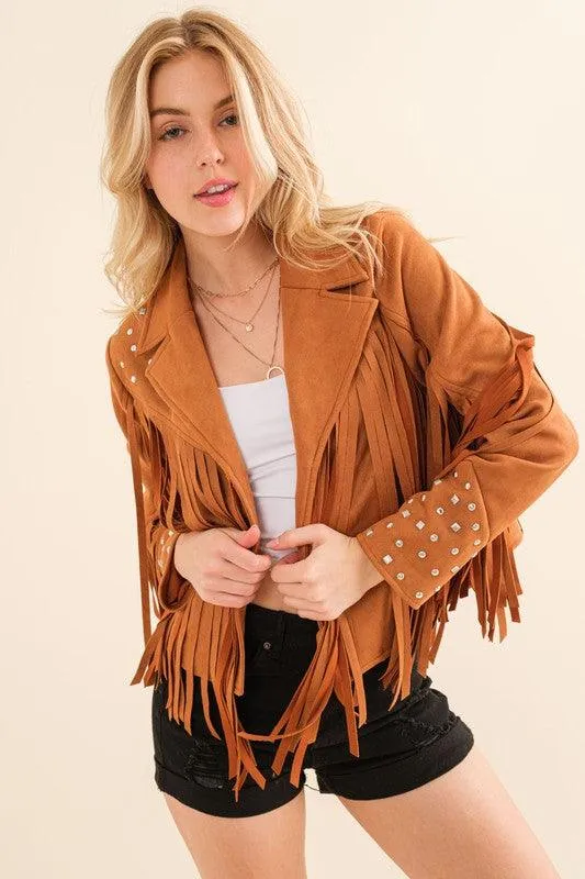 Black Studded Fringe Open Western Jacket