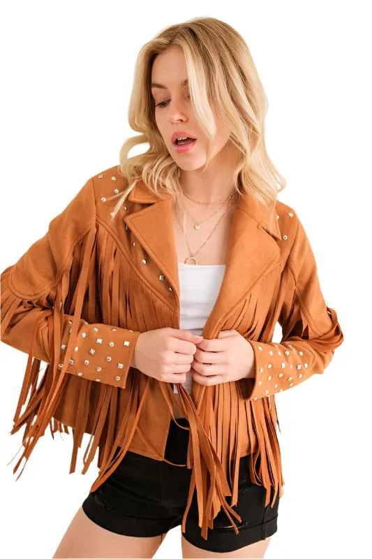 Black Studded Fringe Open Western Jacket