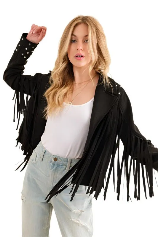 Black Studded Fringe Open Western Jacket