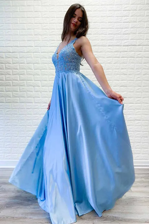 Blue Satin A-line V-neck Long Prom Dresses Party Dresses With Lace Appliques, SP540