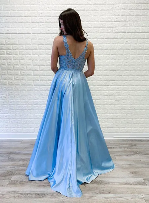 Blue Satin A-line V-neck Long Prom Dresses Party Dresses With Lace Appliques, SP540