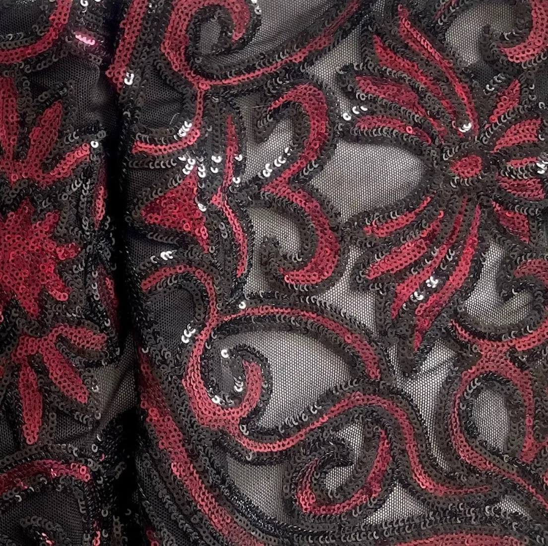 Border Design: Micro-Sequined Arabesque Claret & Black Stretch Polyester Mesh (Made in Korea)