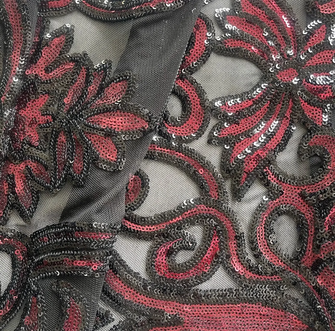 Border Design: Micro-Sequined Arabesque Claret & Black Stretch Polyester Mesh (Made in Korea)