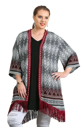 Border Print Fringe Kimono, Brown