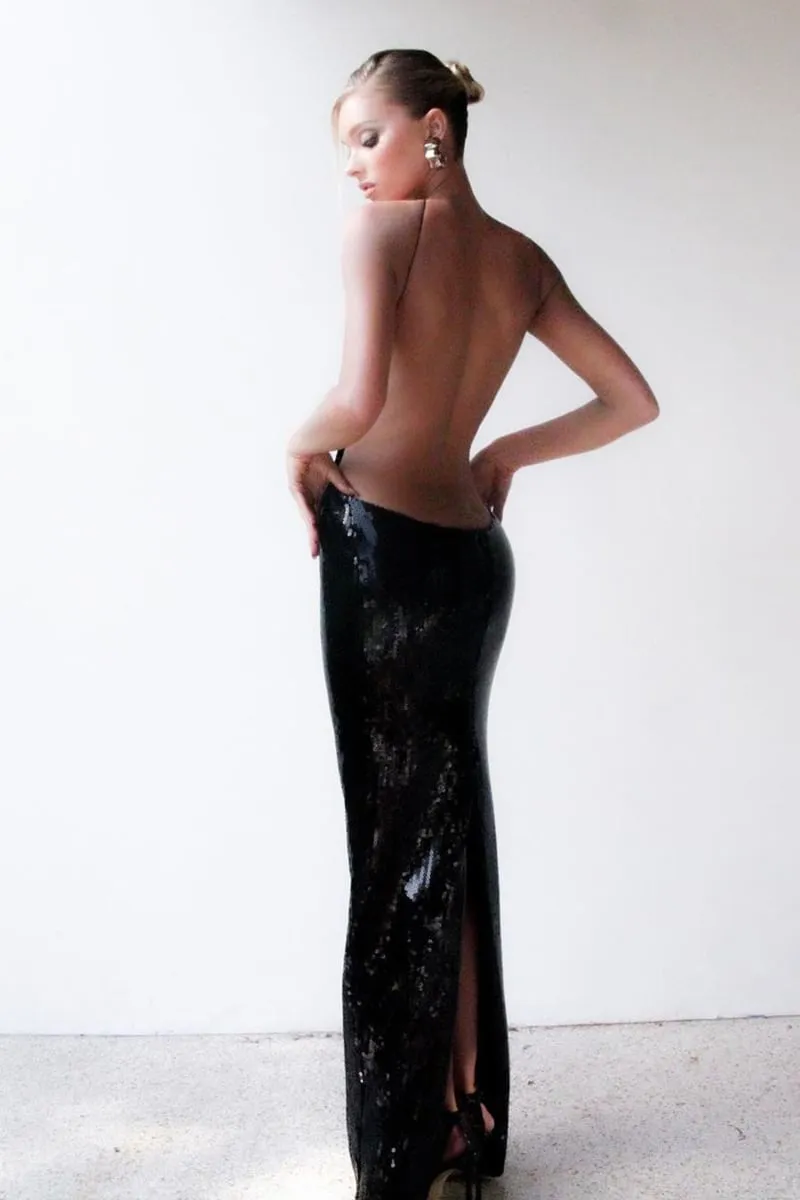 Caroline Sequin Graceful Backless Maxi Dress