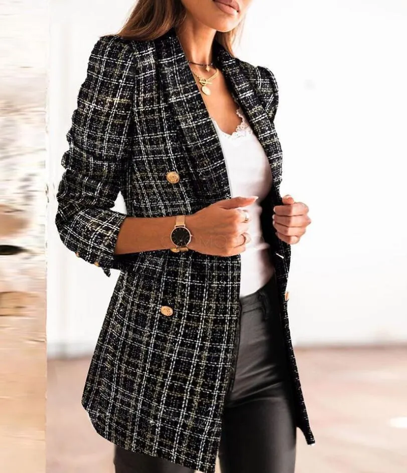 Casual Long Sleeve Double Breasted Printed Blazer Coat