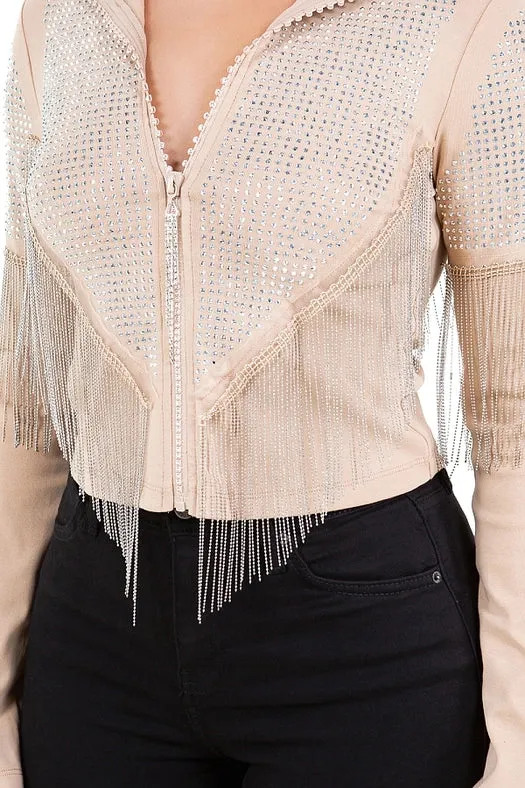 Chain Fringe & Studded Zipper Jacket TAUPE