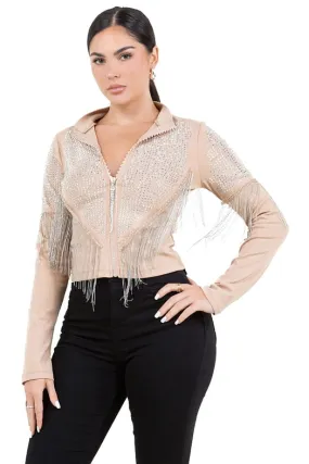 Chain Fringe & Studded Zipper Jacket TAUPE