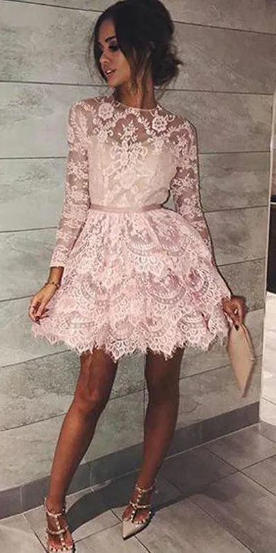 Cheap Pink Lace Above Knee Long Sleeve High Neck Homecoming Dresses, SH447