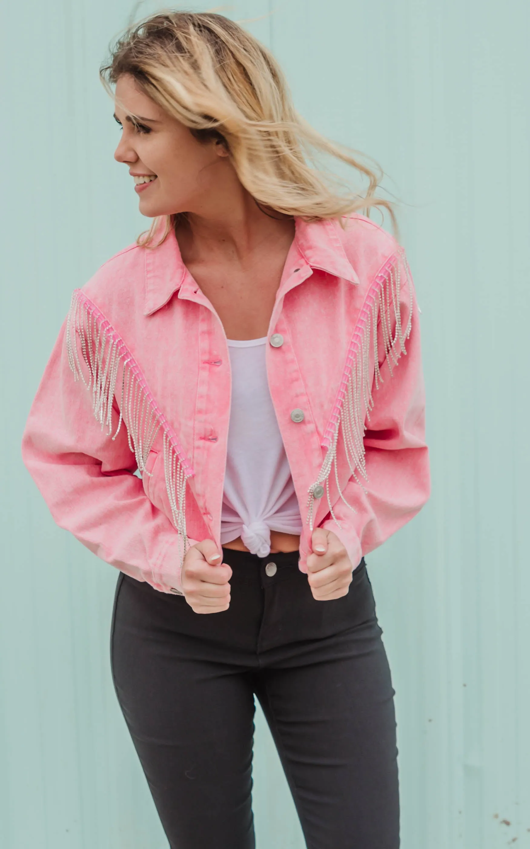 Chevron Rhinestone Fringe Denim Jacket - Final Sale*