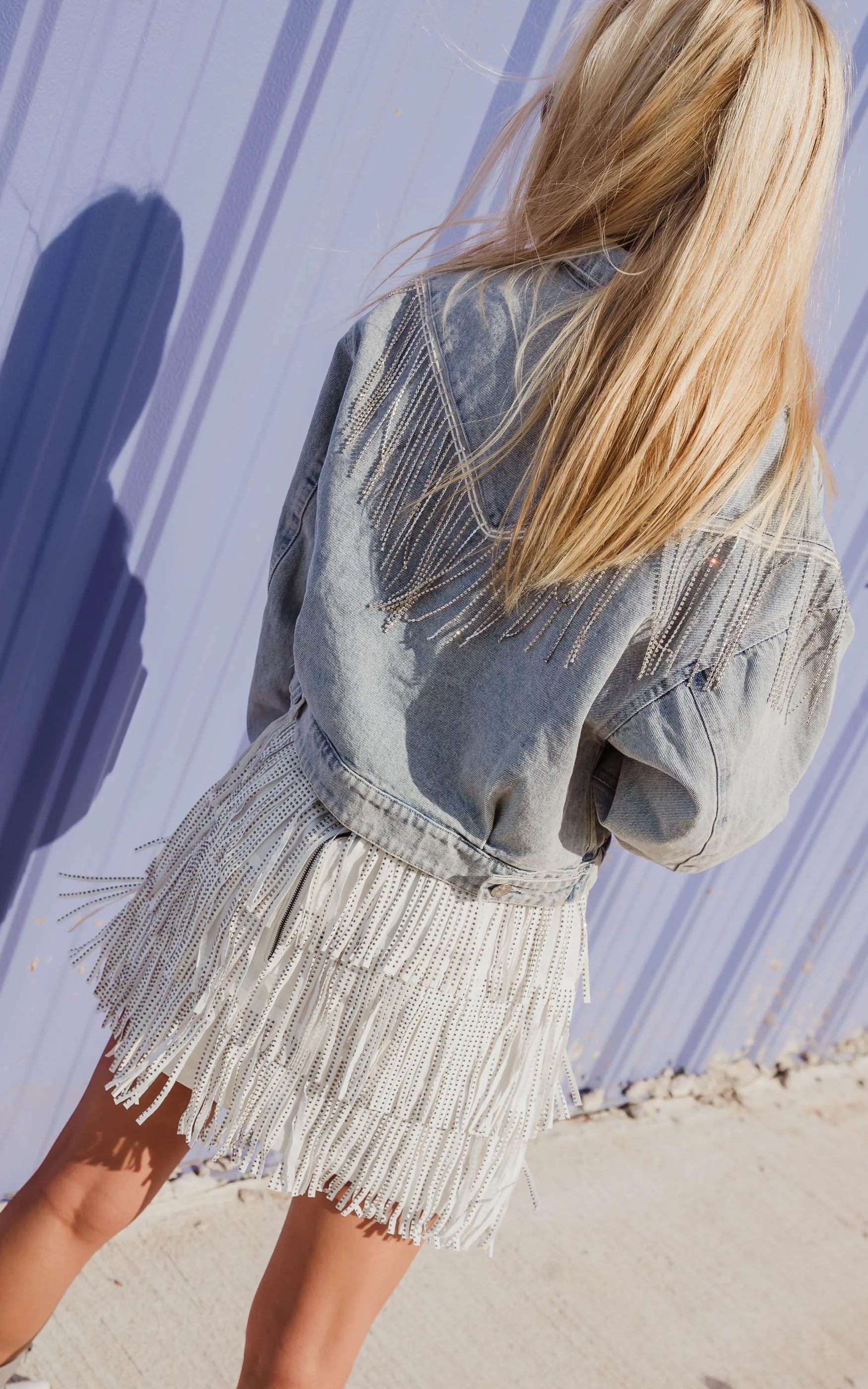 Chevron Rhinestone Fringe Denim Jacket - Final Sale*