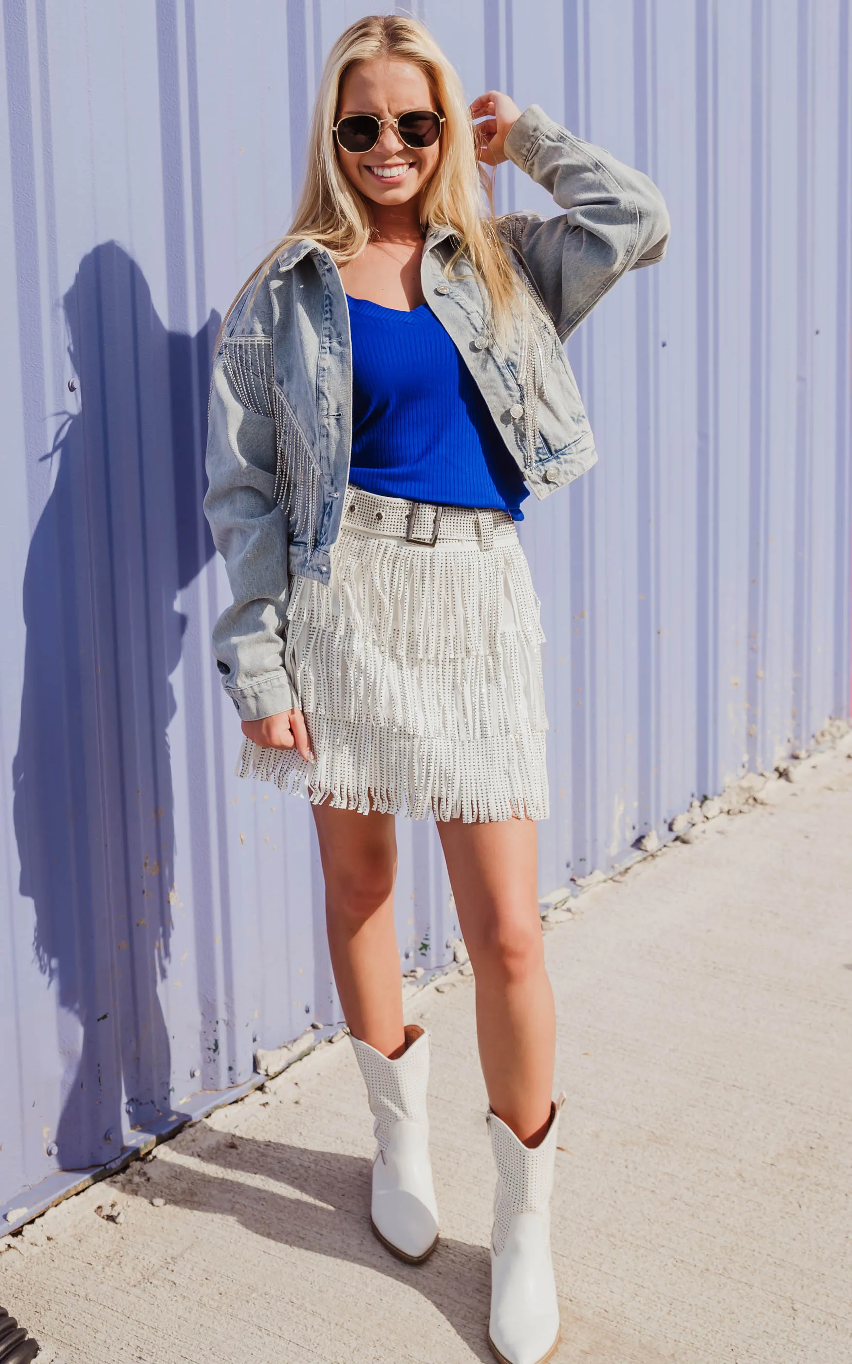 Chevron Rhinestone Fringe Denim Jacket - Final Sale*