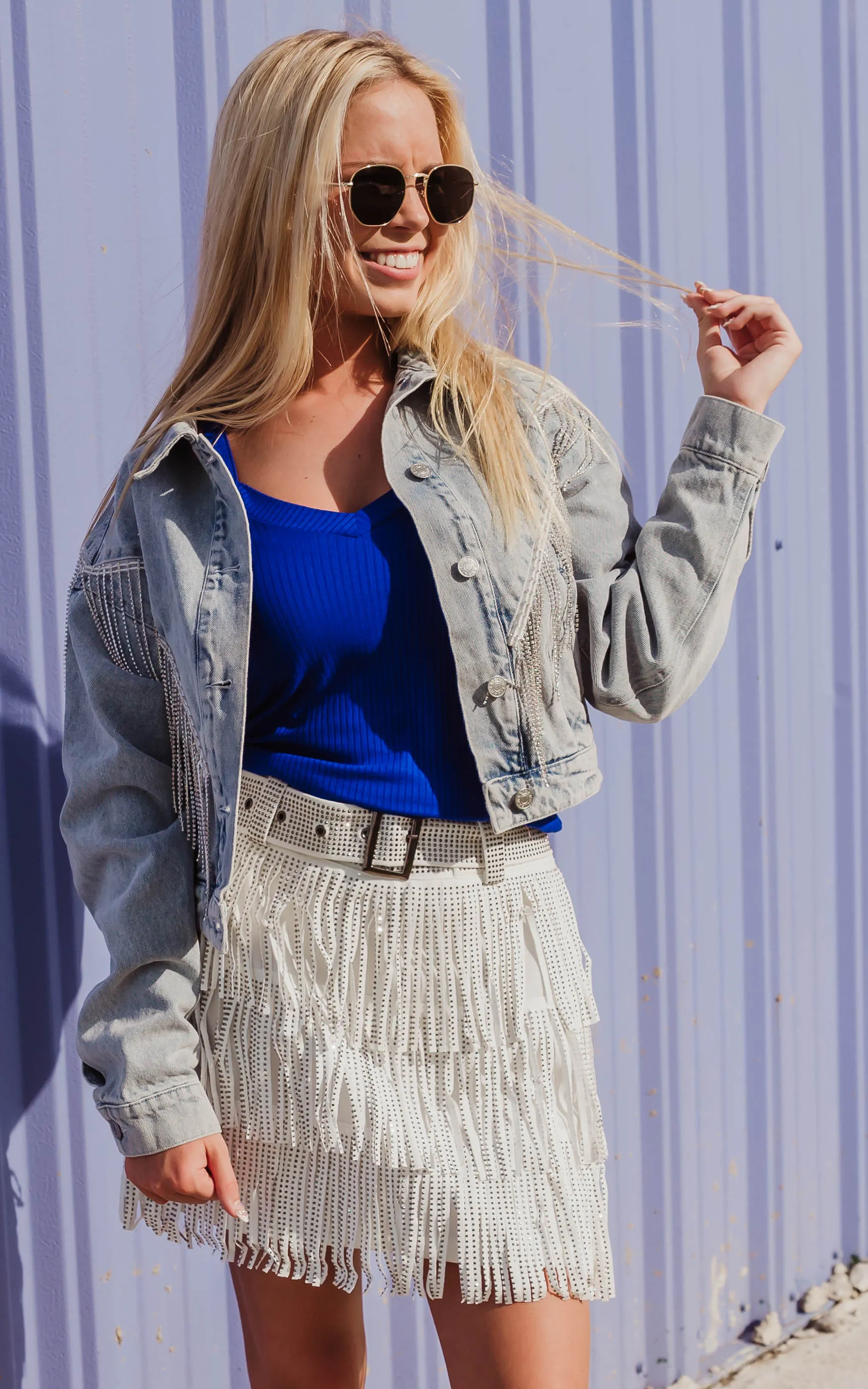 Chevron Rhinestone Fringe Denim Jacket - Final Sale*