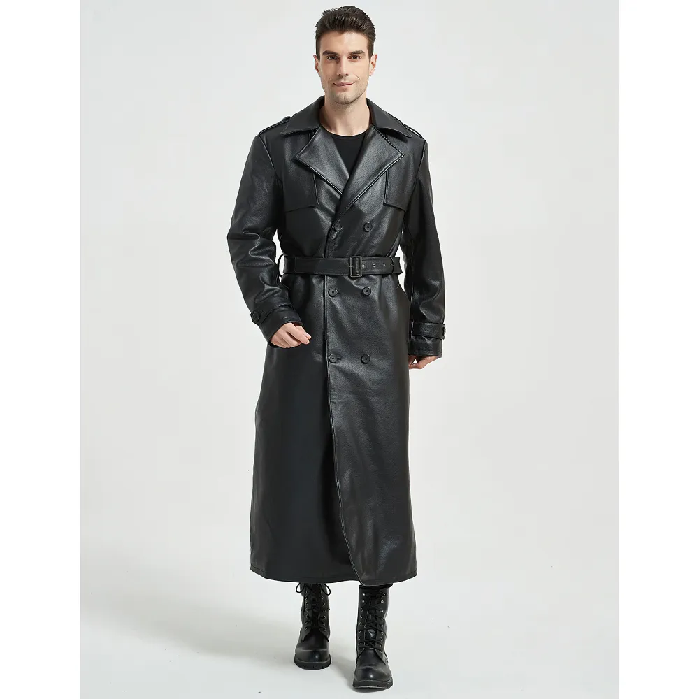 CLEARANCE / Men's Ultra Long Leather Coat with Belted - US