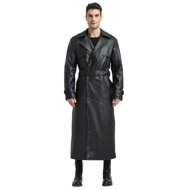 CLEARANCE / Men's Ultra Long Leather Coat with Belted - US