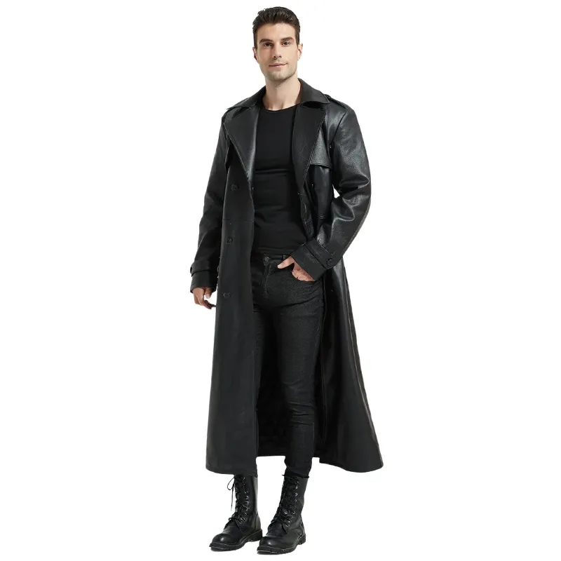 CLEARANCE / Men's Ultra Long Leather Coat with Belted - US