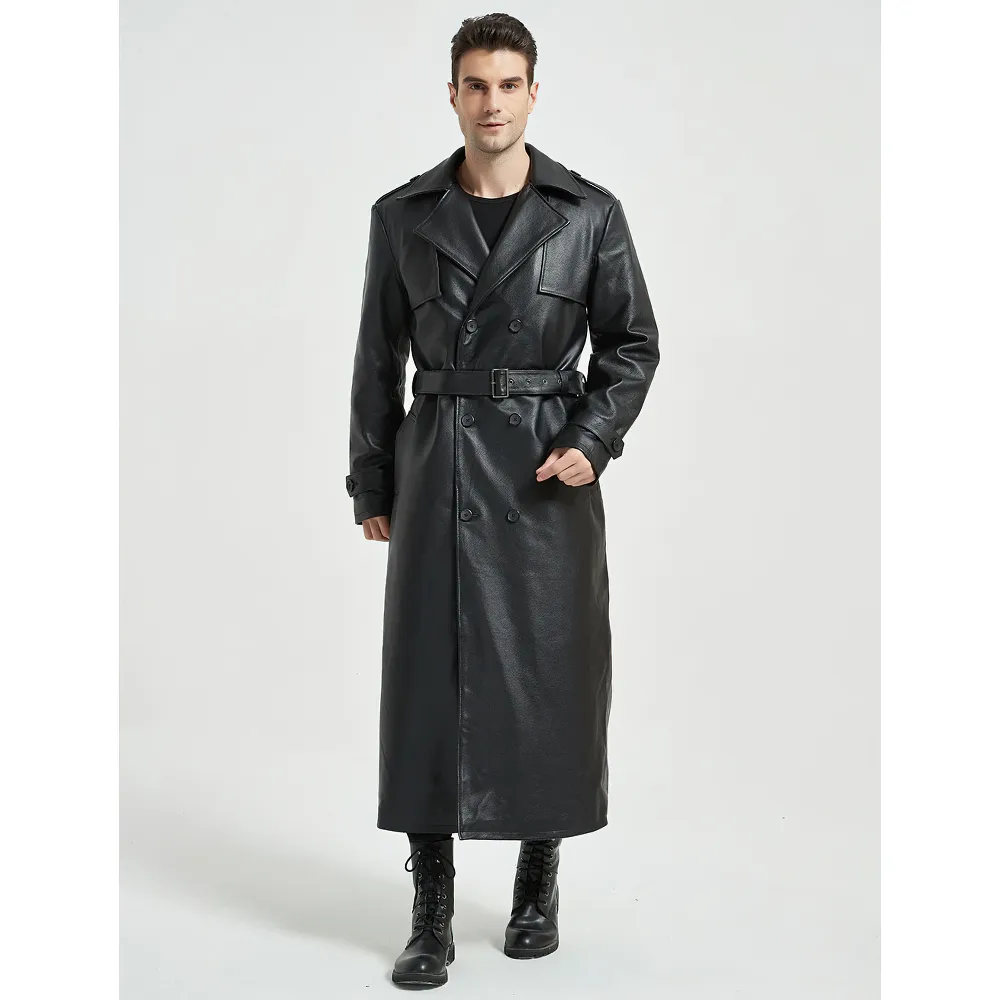 CLEARANCE / Men's Ultra Long Leather Coat with Belted - US