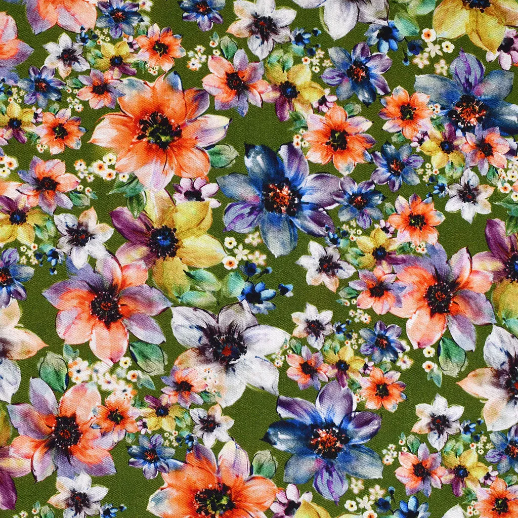 Colorful Garden Floral Digital Print Rayon Challis Green/Multi