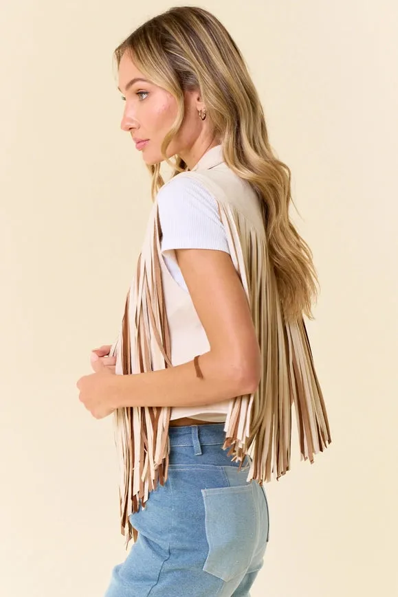 Cream Open Front Contrast Fringe Vest- Western Look