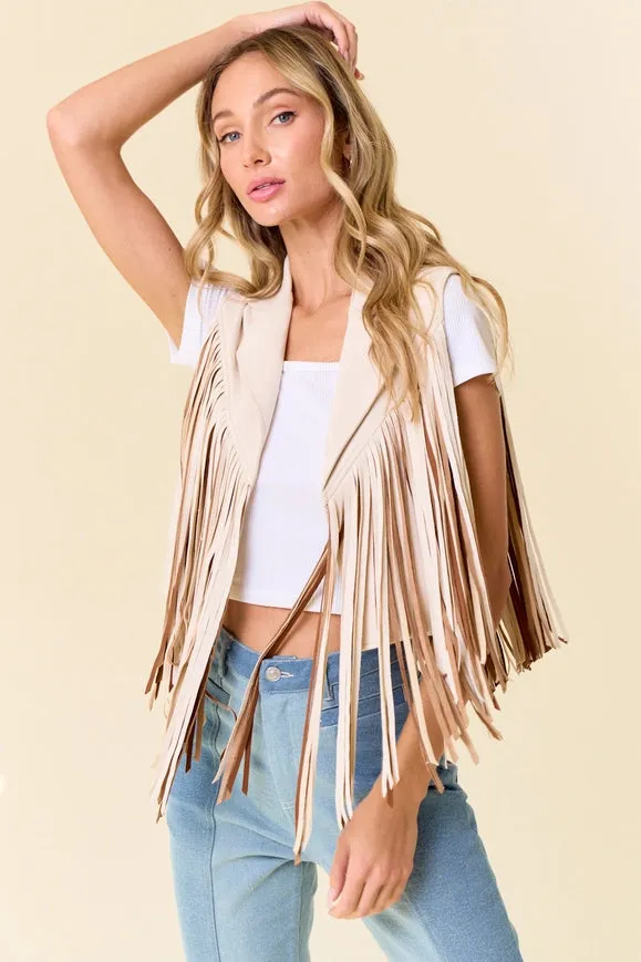 Cream Open Front Contrast Fringe Vest- Western Look