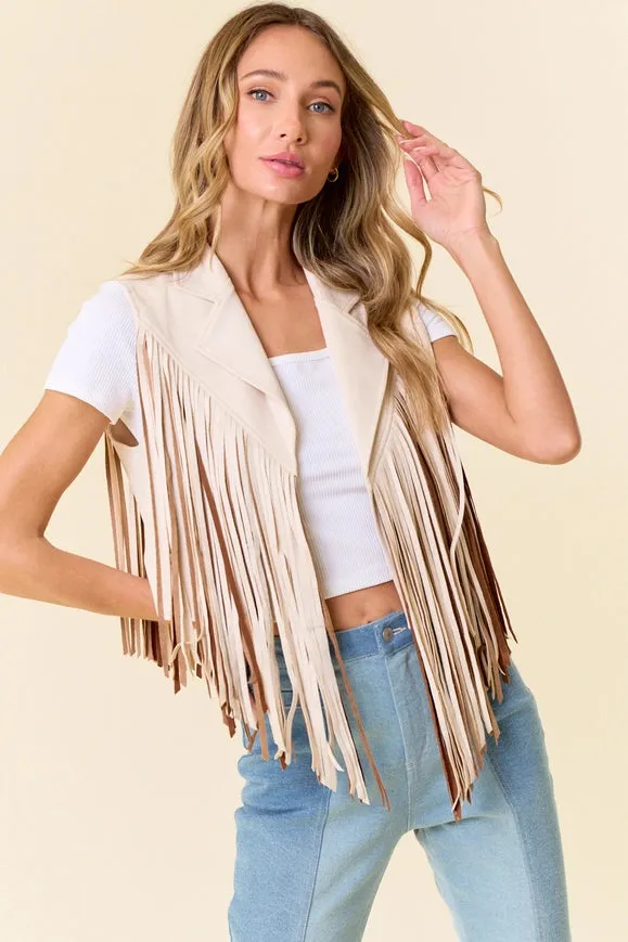 Cream Open Front Contrast Fringe Vest- Western Look