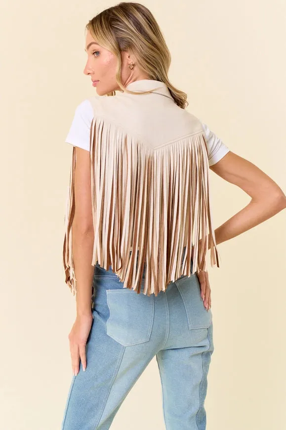 Cream Open Front Contrast Fringe Vest- Western Look