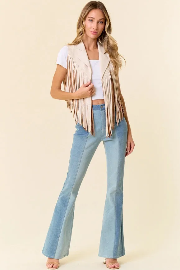 Cream Open Front Contrast Fringe Vest- Western Look