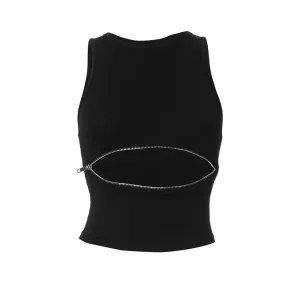 Crewneck zip-up hollow out solid tank cut out top