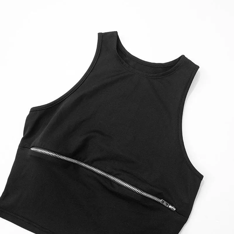 Crewneck zip-up hollow out solid tank cut out top