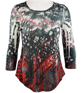 Cubism - Sequin Stripe, 3/4 Sleeve, Flared Bottom Geometric Print Burnout Top