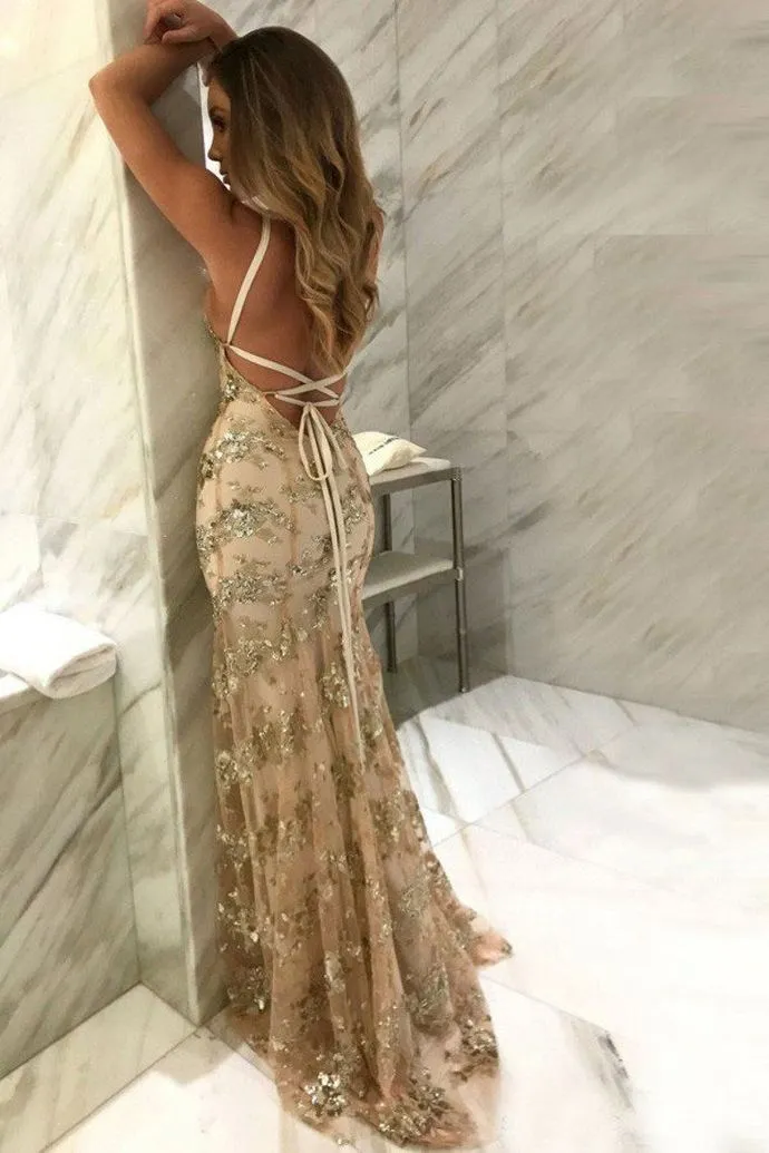 D1074,Mermaid Sexy Prom Dress Vintage Backless Lace Prom Dress,Gold Sequin Prom Dresses