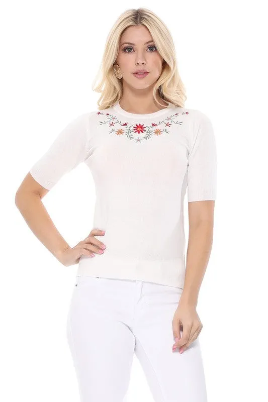 Daisy Flower Embroidered Knit Pullover Sweater