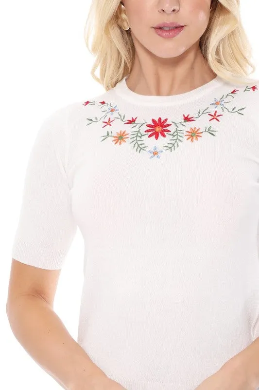 Daisy Flower Embroidered Knit Pullover Sweater