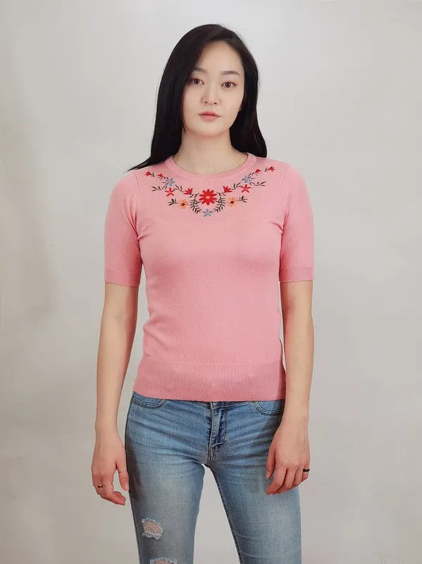 Daisy Flower Embroidered Knit Pullover Sweater